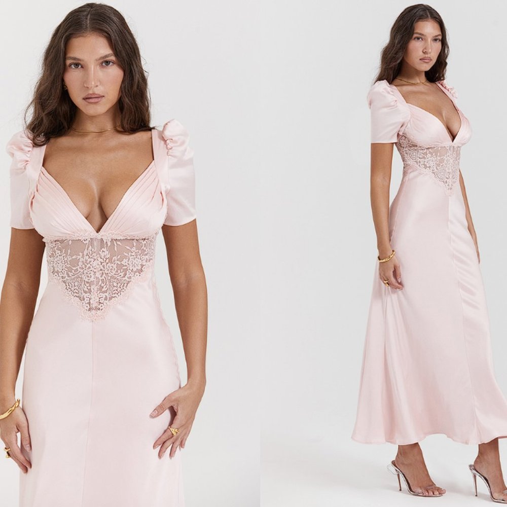 House of CB 'Rafaela' Soft Peach Pure Silk & Lace Dress NWOT - Picture 4 of 11